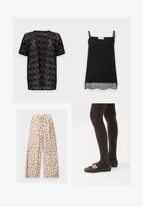 Cardigan noir à manches courtes et devant ouvert, avec un motif en dentelle raffiné et un design géométrique inspiré des fleurs.; Caraco noir sans manches avec fines bretelles réglables et bordure en dentelle fleurie le long de l'ourlet sur fond uni.; Pantalon beige à jambes larges avec imprimé géométrique noir, taille élastique et cordon de serrage à l'avant avec embouts dorés.; Jambes portant des leggings côtelés foncés associés à des ballerines noires avec de petits détails en nœud sur fond blanc.