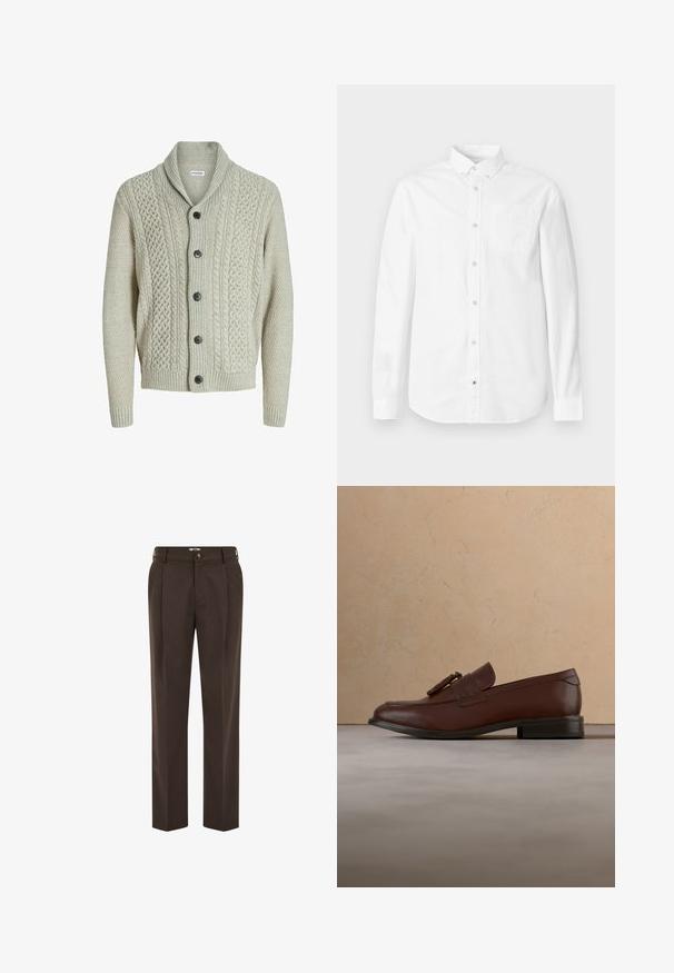 Cardigan en tricot gris clair avec un col châle, des boutons sur le devant et des motifs texturés. Des poignets et un ourlet côtelés complètent le design.; Chemise blanche à manches longues en coton. Elle présente un col boutonné, une poche avant et une texture subtile. Ourlet droit avec fermetures à boutons.; Pantalon marron foncé sur mesure avec plis à l'avant, passants de ceinture, fermeture par bouton et coupe droite.; Mocassin à pampilles en cuir marron flottant au-dessus d'un tapis beige texturé, avec une table ronde en bois et des piles de livres en arrière-plan.
