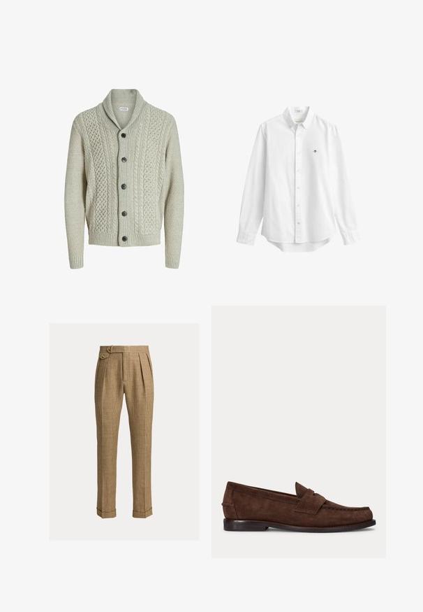 Svetlo šedý pletený cardigan s klope, prednými gombíkmi a vzorovaním. Design dopĺňajú rebrované manžety a lem.; Biela košeľa s dlhým rukávom na gombíky s golierom a malým vyšívaným logom na ľavej strane hrudníka, zobrazená na jednoduchom pozadí.; Hnedé kárované nohavice s vysokým pásom, záhybmi, bočnými vreckami, zapínaným bočným remienkom, manžetami a upravenými rovnými nohavicami.; Hnedý semišový penny loafer s nízkym opätkom a viditeľným prešitím pozdĺž špičky, bokov a zadnej časti, zobrazený na jednolivom svetlom pozadí.