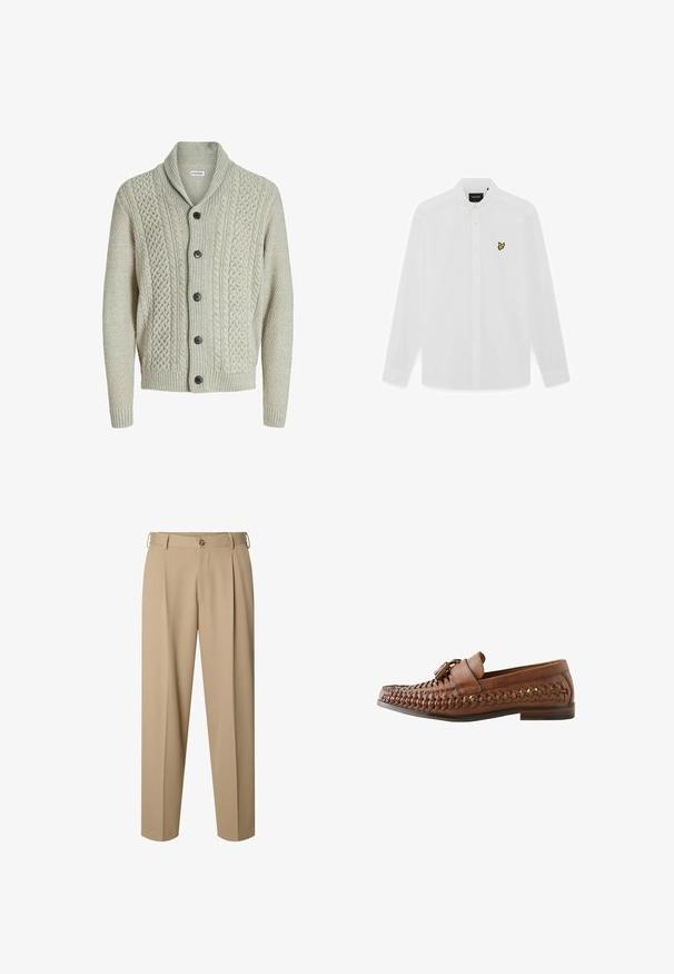 Svetlo šedý pletený cardigan s klope, prednými gombíkmi a vzorovaním. Design dopĺňajú rebrované manžety a lem.; Biela košeľa s dlhým rukávom na gombíky, s preloženým golierom a malým žltým logom vtáka na ľavej strane hrude.; Béžové šité nohavice s prednými záhybmi, pútkami na opasok, zapínaním na gombík a rovným strihom nohavíc.; Hnedá kožená pletená mokasína s tretierkami na vrchu a nízkym naskladaným podpätkom, zobrazená v pravom bočnom profile na bielom pozadí.