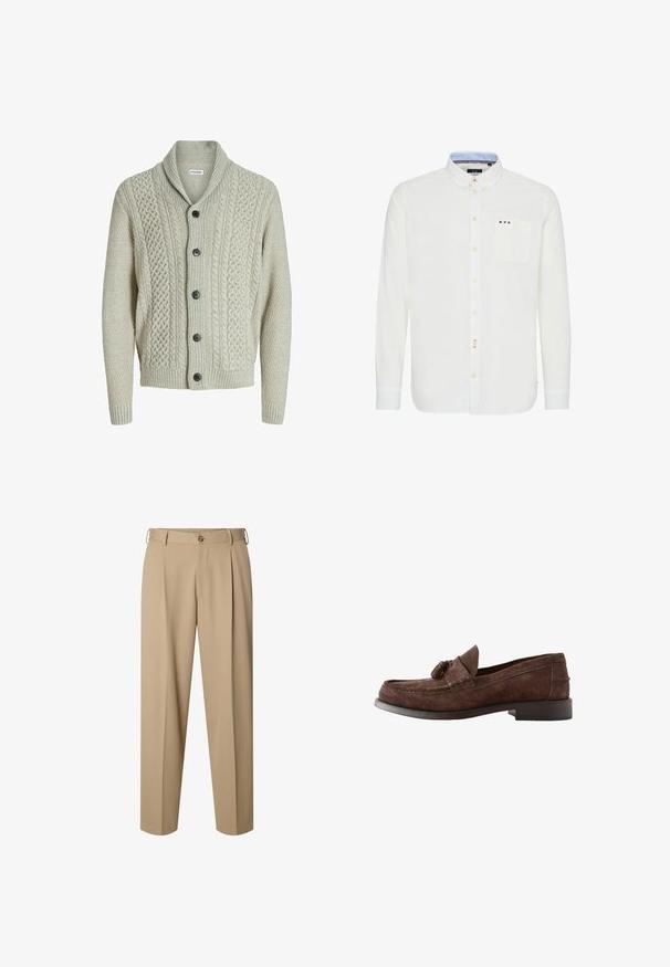 Cárdigan de punto gris claro con cuello de chal, botones en la parte delantera y patrones texturizados. Las mangas y el dobladillo acanalados completan el diseño.; Camisa blanca de manga larga con cuello botón. Presenta un bolsillo en el pecho y acentos de rayas de color cerca del bolsillo y del placket. Textura suave.; Pantalones beige a medida con pinzas delanteras, trabillas para cinturón, cierre de botón y diseño de pierna recta.; Mocasín de ante marrón para hombre con detalle de borlas y tacón bajo apilado, vista lateral sobre fondo blanco.