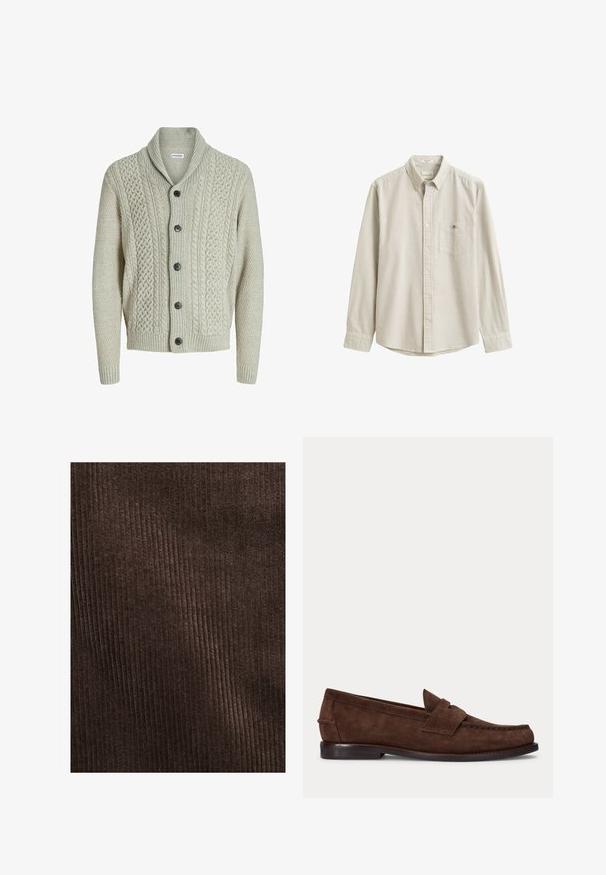 Svetlo šedý pletený cardigan s klope, prednými gombíkmi a vzorovaním. Design dopĺňajú rebrované manžety a lem.; Béžová a biela košeľa s vertikálnymi pruhmi, s dlhým rukávom, golierom a vreckom na hrudi, vystavená naplocho bez osoby.; Hnedá kordurová tkanina s vertikálnymi pruhmi, jemnou textúrou a hlbokou, bohatou farbou, vhodná na čalúnenie alebo oblečenie.; Hnedý semišový penny loafer s nízkym opätkom a viditeľným prešitím pozdĺž špičky, bokov a zadnej časti, zobrazený na jednolivom svetlom pozadí.