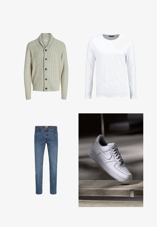 Svetlo šedý pletený cardigan s klope, prednými gombíkmi a vzorovaním. Design dopĺňajú rebrované manžety a lem.; Biela dlhá tričko s dlhým rukávom vyrobené z bavlny, s okrúhlym výstrihom a hladkou textúrou. Bez vzorov a akcentov. Jednoduchý dizajn.; Modré denims džíny so slim fit, piatimi vreckami, zapínaním na gombík a zips, a kontrastným prešitím. Hladký povrch s bledým dokončením.; Biely kožený teniska Nike Air Force 1 má perforovanú špičku, ploché šnúrky a štruktúrovanú gumovú podrážku s nápisom „AIR“ na boku.