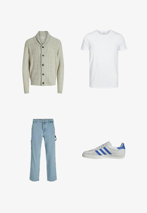 Cárdigan de punto gris claro con cuello de chal, botones en la parte delantera y patrones texturizados. Las mangas y el dobladillo acanalados completan el diseño.; Camiseta de manga corta y cuello redondo en blanco sólido, fabricada en algodón suave, presenta un diseño simple sin patrones ni acentos visibles.; Pantalones cargo de mezclilla azul claro con un corte relajado, que cuentan con lazos de sujeción laterales y bolsillos frontales, mostrando una textura desgastada.; Zapatilla blanca con acentos en azul y gris, con tres rayas característicamente estampadas, parte frontal con cordones y una suela texturizada.