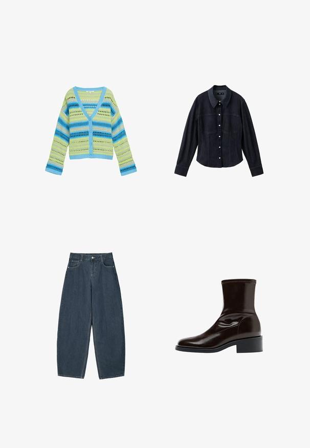 Strikket cardigan med V-hals, knaplukning og lange ærmer. Stribet mønster i grøn, blå og sort med åbent tekstur-detaljer.; Sort denim langærmet skjorte med spidst krave og frontknaplukning med hvide knapper.; Mørkeblå denim buede bukser med høj talje, som har fem lommer og synlige stingdetaljer. Ren, minimalistik design.; Mørkebrun læderankelstøvle med firkantet tå, lav blokhæle og stikning langs øverste kant, vist i sideprofil.