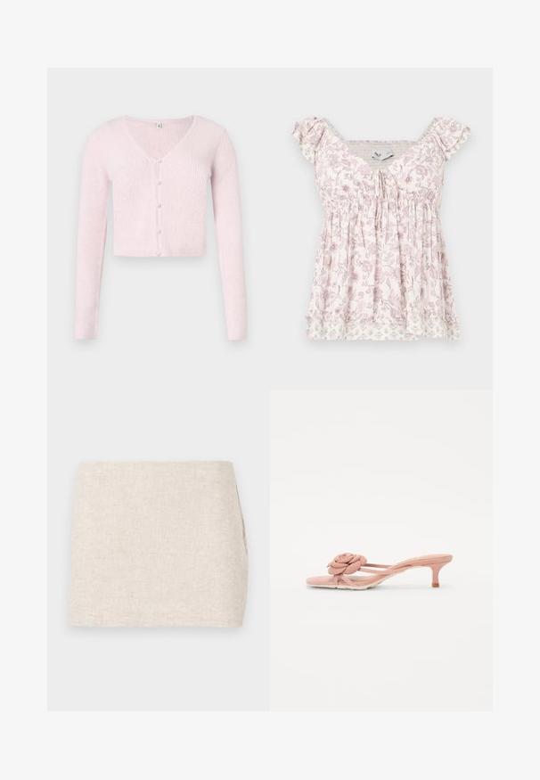 Hellrosa kurzes Strickjacke aus Rippstrickstoff, mit V-Ausschnitt, langen Ärmeln und perlmuttähnlichen Knöpfen an der Vorderseite.; Weiß-rosa geblümte Bluse mit kurzen Ärmeln, geraffter Brustpartie, Rüschen an den Schultern und mehrlagigem Saum mit dezenten Blumenmustern.; Beige Leinenrock mit minimalistischer Gestaltung, der eine glatte Textur und subtile Webart aufweist. Er hat einen geraden, schlichten Schnitt ohne sichtbare Verschlüsse.; Helle rosa Rutschsandalen mit einem strukturierten Blumendetail am Riemen und einem kleinen Absatz. Weiches Material und offenes Design.