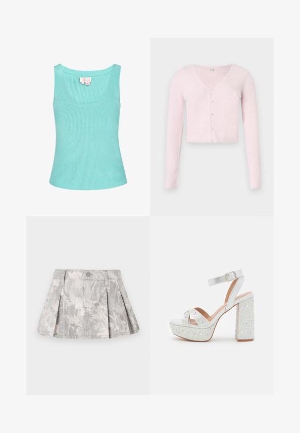 Lichtroze cropped vest gemaakt van geribbelde gebreide stof, met een V-hals, lange mouwen en parelmoerachtige knopen aan de voorkant.; Lichtblauw geribbeld tanktop met een ronde halslijn en brede schouderbanden. De stof lijkt glad met een lichte stretch. Etiket zichtbaar aan de binnenkant.; Grijze denim rok met plooien, voorzien van een subtiel bladerenpatroon in lichtere tinten. Klassieke snit met een tailleband en sluiting met metalen knoop.; Witte plateausandalen met een metallic afwerking, voorzien van twee gekruiste banden, een enkelband en een blokhak versierd met fonkelende edelstenen.