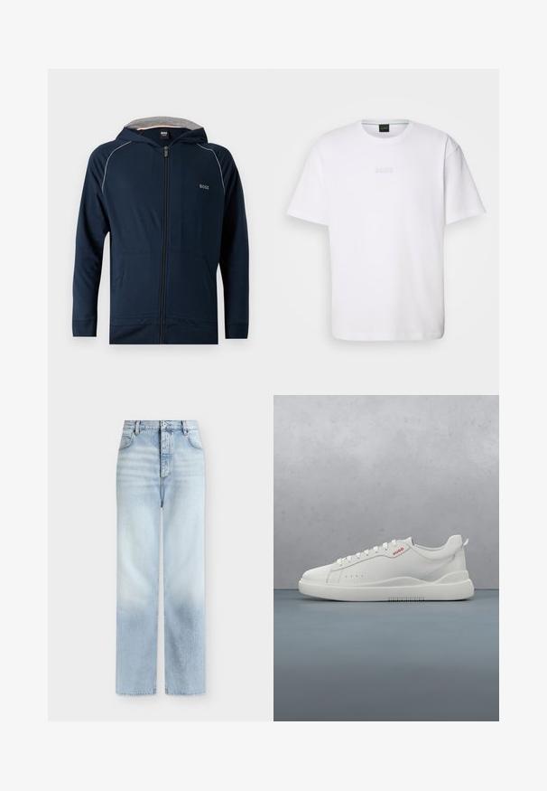 Sweat à capuche zippé bleu marine avec doublure intérieure grise, poches avant, discret liseré blanc sur les épaules et logo "BOSS" sur la poitrine.; T-shirt en coton blanc à manches courtes, col rond, avec un logo « BOSS » en relief sur la poitrine. Texture lisse, coupe standard.; Jeans bleu clair taille haute à jambes droites, avec poches avant, passants de ceinture et fermeture par bouton.; Sneaker blanche avec une finition en cuir lisse, bout rond, quatre œillets, perforations subtiles et un détail de logo rouge sur le côté.