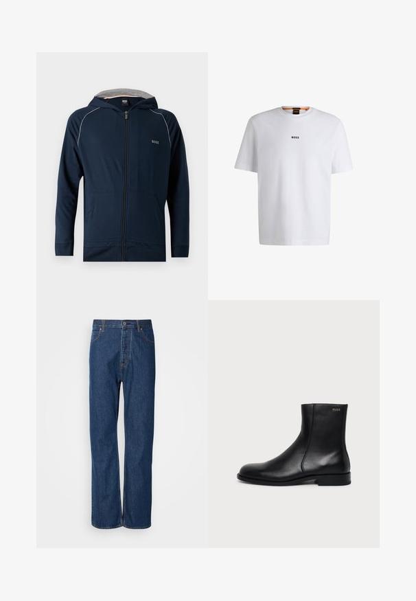 Mørkeblå hættetrøje med lynlås, gråt inderfor i hætten, forlommer, diskret hvid piping på skuldrene og "BOSS" logo på brystet.; Hvid bomuld T-shirt med korte ærmer, med et sort "BOSS" logo centreret på brystet og en rund halsudskæring.; Blå denim jeans med lige ben, der har en knaplukning, fem lommer og kontraststikninger langs sømmene.; Sort læderankelstøvle med lav hæl, sidesyning og lille "HUGO" logo på den øverste manchet mod en ensfarvet baggrund.