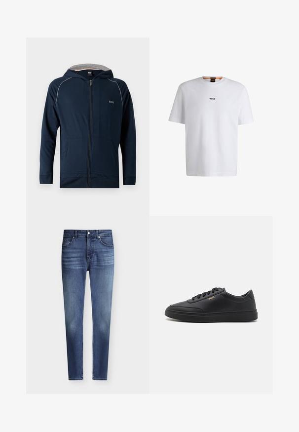 Mørkeblå hættetrøje med lynlås, gråt inderfor i hætten, forlommer, diskret hvid piping på skuldrene og "BOSS" logo på brystet.; Hvid bomuld T-shirt med korte ærmer, med et sort "BOSS" logo centreret på brystet og en rund halsudskæring.; Herre slim fit blå denim jeans med klassisk fem-lommer stil og let falmning på lår og knæ, knap- og lynlås lukning.; Sorte lædersneakers med en glat overflade, rund tå, flad gummisål og tonede snørebånd. Udstyret med guld "BOSS" branding på siden.