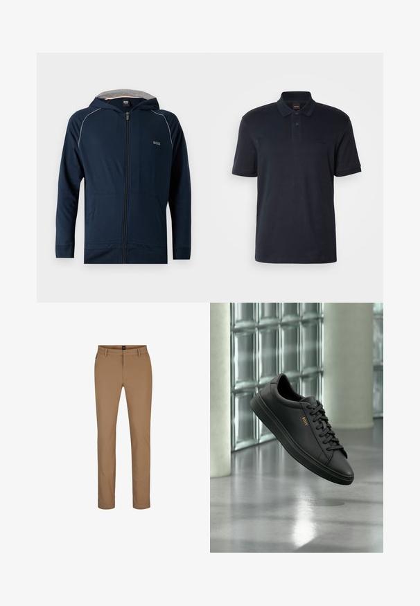Sweat à capuche zippé bleu marine avec doublure intérieure grise, poches avant, discret liseré blanc sur les épaules et logo "BOSS" sur la poitrine.; Polo shirt bleu marine en coton, avec un col classique, des manches courtes et un logo discret sur la poitrine. Texture lisse.; Pantalon marron clair en mélange de coton avec une coupe droite, poches avant et fermeture éclair. Matériaux minimaux et sans motifs visibles.; Baskets basses en cuir noir avec lacets noirs et logo BOSS doré sur le côté, flottant au-dessus d’un sol gris brillant dans un espace intérieur moderne.