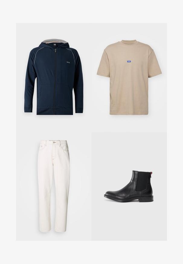 Marineblauwe zip-up hoodie met grijze binnenvoering in de capuchon, frontzakken, subtiele witte bies op de schouders en het "BOSS"-logo op de borst.; Beige katoenen T-shirt met een hoge halslijn, korte mouwen en een klein blauw rechthoekig logo met de tekst "HUGO" op de borst.; Witte denim jeans met een rechte pasvorm, voorzien van gestikte naden, een metalen knoopsluiting en een standaard vijf-pocket constructie.; Zwarte leren Chelsea-boot met elastische zijpanelen, ronde neus en een lage gestapelde hak. Heeft een rode lusstab en subtiele branding aan de zijkant.