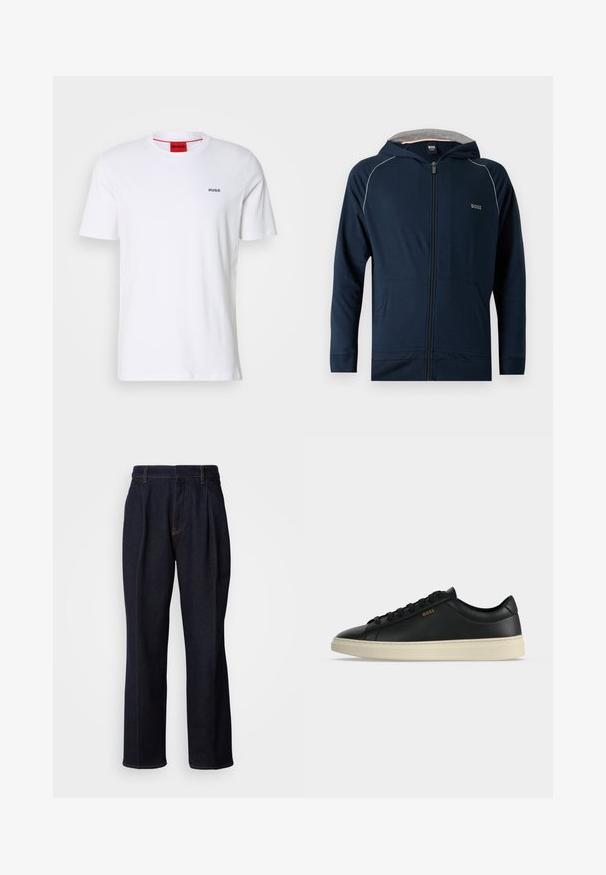 Sweat à capuche zippé bleu marine avec doublure intérieure grise, poches avant, discret liseré blanc sur les épaules et logo "BOSS" sur la poitrine.; T-shirt en coton blanc à manches courtes, avec un col rond et un petit logo noir "HUGO" sur la poitrine gauche. Étiquette intérieure rouge au niveau du col.; Jean en denim large à jambes bleues foncées avec des plis devant et des coutures orange, présenté sur fond blanc.; Baskets basses en cuir noir avec semelle blanche, lacets noirs et petit logo BOSS doré sur le côté.