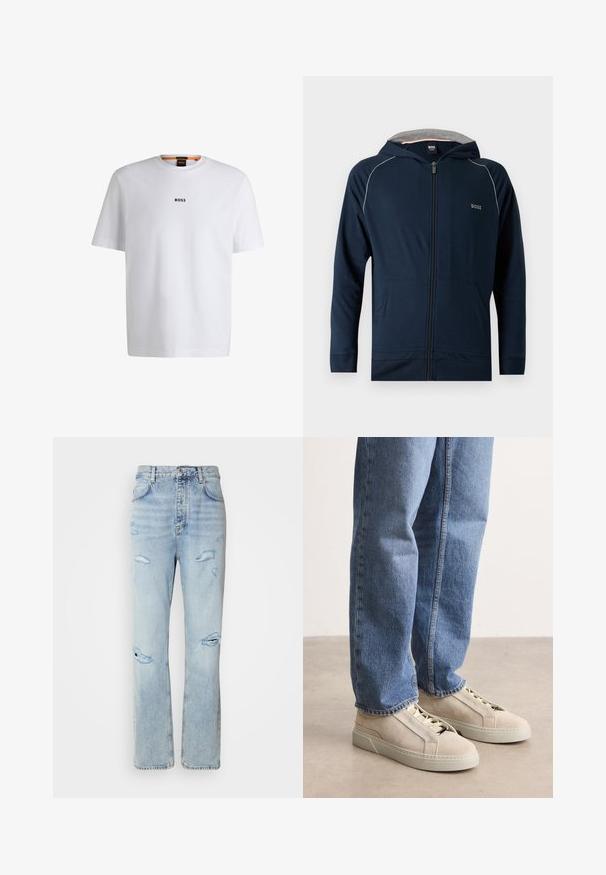 Marineblaue Zip-Hoodie mit grauem Innenfutter der Kapuze, Fronttaschen, subtilen weißen Paspeln an den Schultern und "BOSS"-Logo auf der Brust.; Weißes Baumwoll-T-Shirt mit kurzen Ärmeln, ausgestattet mit einem schwarzen "BOSS"-Logo, das mittig auf der Brust platziert ist, und einem runden Halsausschnitt.; Hellblaue Jeans mit legerer Passform, featuring distressed Stellen und fransigen Kanten. Der Stoff hat eine weiche, glatte Textur.; BOSS GARYTENN_SDHDEL - Sneaker low - natural ten