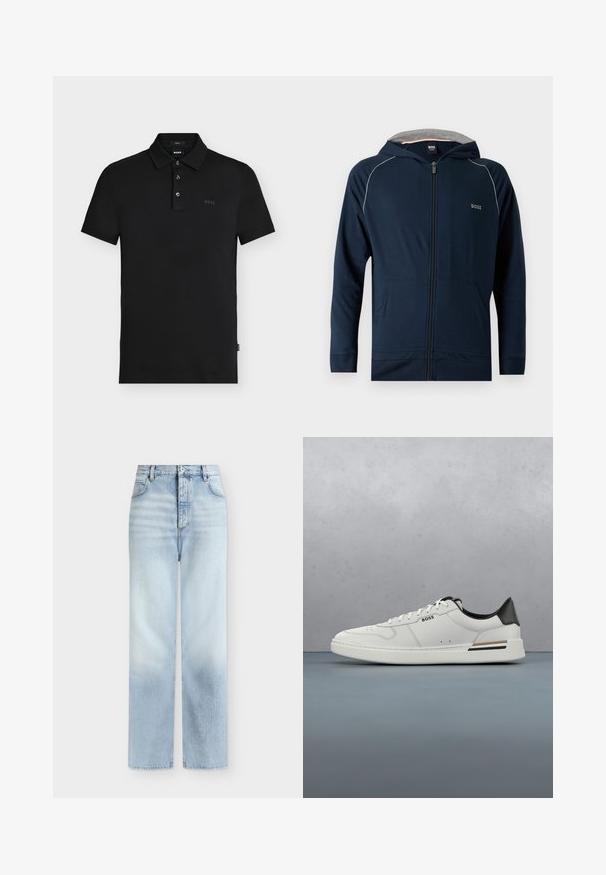 Mørkeblå hættetrøje med lynlås, gråt inderfor i hætten, forlommer, diskret hvid piping på skuldrene og "BOSS" logo på brystet.; Sort slim-fit polo skjorte med tre knapper, korte ærmer og diskret "BOSS" logo på brystet og indersiden af kraven.; Lyseblå, højtaljede jeans med rette ben, forlommer, bæltestropper og knaplukning.; Hvide lavtoppede sneakers med sort hæl, snørebånds lukning, subtile perforeringer og "BOSS" logo på siden, vist fra ydersiden i profil.