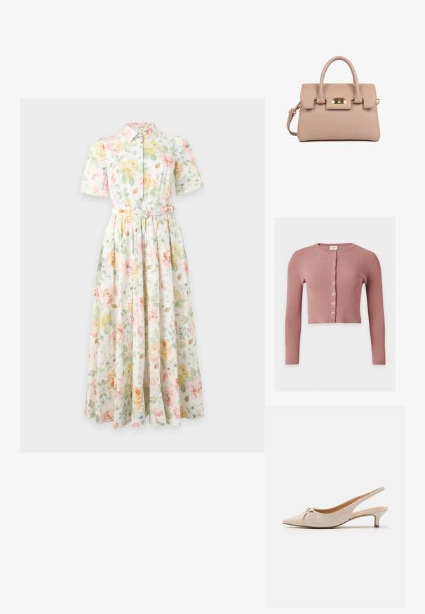 Cardigan court à manches longues côtelé mauve avec col rond et sept boutons sur le devant.; Robe midi à manches courtes, boutonnée, avec col et ceinture, présentant des motifs floraux jaune pastel, vert et rose sur fond blanc.; Escarpins slingback en cuir verni beige avec un bout pointu et un nœud décoratif sur le devant. Comprennent un talon bas et fin ainsi qu'une texture lisse.; Sac à main en cuir texturé beige avec des poignées supérieures, fermeture à rabat en métal doré, et bandoulière détachable, posé sur un fond blanc.