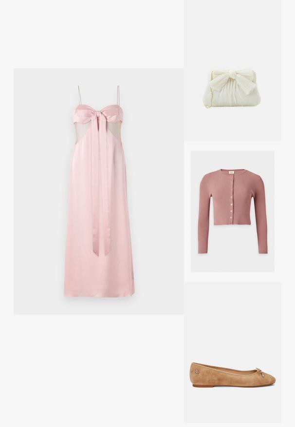 Støvrosa ribbet langærmet cropped cardigan med rund halsudskæring og syv forreste knapper.; Pink satin kjole med smalle stropper, sløjfe-detalje ved brystet og gennemskårne sider. Gulvlængde med en glat tekstur.; Beige ruskind ballet sko med en let spids tå, en sløjfe på forsiden og et lille metallic logo på hælen. Flad sål.; Hvid plisseret clutch-taske med en fremtrædende sløjfedetalje og en guldkædetras. Blød tekstur med et samlet design på forsiden.