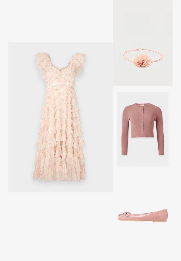 Mauve rebrovaný krátky kardigán s dlhým rukávom, okrúhlym výstrihom a siedmimi gombíkmi vpredu.; Needle & Thread DITSY LOLA BACKLESS BALLERINA DRESS - Koktailové šaty/večierkové šaty - moonshine pink; Ružové lakované baleríny s okrúhlou špičkou, lanovým detailom na prednej strane a béžovou gumovou podrážkou. Hladký, lesklý povrch po celom obvode.; Ružová elastická čelenka s mäkkou látkovou kvetinou s viacvrstvovými okvetnými lístkami v strede na bielom pozadí.