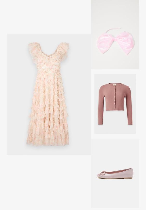 Cárdigan corto de canalé mauve con mangas largas, escote redondo y siete botones delanteros.; Needle & Thread DITSY LOLA BACKLESS BALLERINA DRESS - Vestido de cóctel - moonshine pink; Bailarina plana de charol rosa claro con puntera redondeada, lazo de cordón trenzado en la parte delantera y suela baja beige sobre fondo blanco.; Accesorio para el cabello de color rosa y brillante con forma de gran lazo, con una textura suave y una delgada correa para asegurarlo en su lugar.