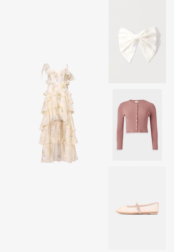Støvrosa ribbet langærmet cropped cardigan med rund halsudskæring og syv forreste knapper.; Blomstret kjole med lagdelte volanger, spaghetti stropper og en høj-lav kant. Fremstillet af let, flydende stof i blød creme og pastelfarver.; Lys beige flad sko med spidst tåparti og en enkelt rem med spænde på siden, vist på en ensfarvet hvid baggrund.; Hårsløjfe af cremefarvet stof med en lille sølvfarvet kronevedhæng ved knuden, vist på en lysegrå baggrund.