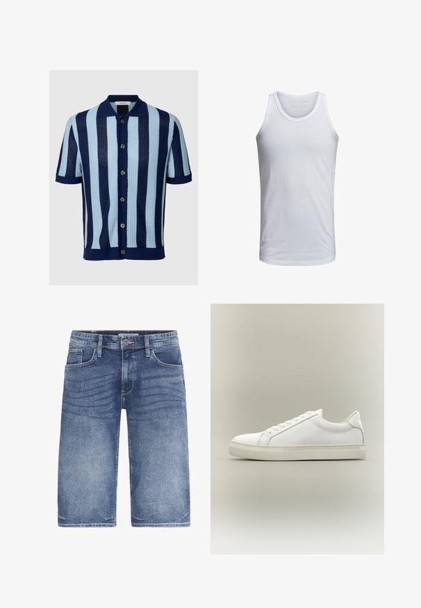 Chemise en maille à manches courtes avec rayures verticales bleu marine et bleu clair, devant boutonné et col pointu.; Débardeur en coton blanc avec un col rond, des bretelles larges et un marquage minimal imprimé à l'intérieur du col. Texture douce, coupe décontractée.; Shorts en denim bleu clair, avec une coupe classique, cinq poches, fermeture à bouton et un léger dégradé sur le tissu pour une texture.; Baskets blanches basses à lacets sur l’avant et semelle épaisse, vues de côté sur un fond neutre.