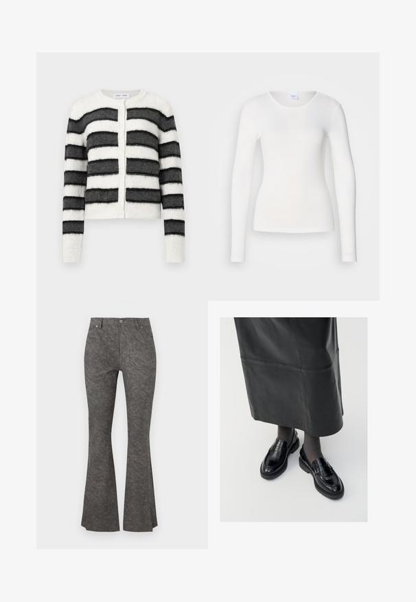 Stribet cardigan i blødt, struktureret stof. Har skiftende sorte og hvide horisontale striber, rund halsudskæring og knaplukning foran.; Hvid langærmet skjorte lavet af et blødt, glat stof; har en rund halsudskæring og en tætsiddende facon uden mønstre eller pynt.; Mørkegrå, flagrende bukser med et subtilt krøllet mønster, for- og baglommer, bæltesløjfer og en knaplukning i taljen.; Sorte læder loafers med en glat finish, prydet med en dekorativ rem, rund tå og tekstureret sål. Båret med en lang sort læderskirt.