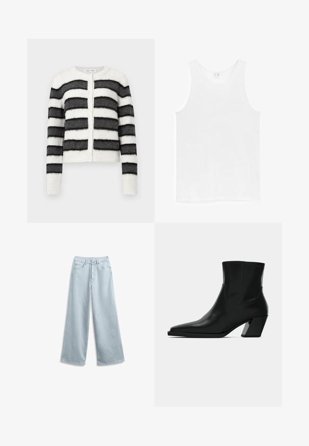 Gilet rayé en tissu doux et texturé. Présente des rayures horizontales noires et blanches alternées, un col rond et une fermeture à boutons.; Débardeur blanc uni sans manches avec col rond, présenté à plat sur fond blanc.; Jean large bleu clair en denim, doté d'un design classique à cinq poches et d'une fermeture à bouton à la taille.; Bottine en cuir noir avec un bout pointu, une silhouette élégante et un talon carré massif. Texture lisse avec des détails de couture minimalistes.