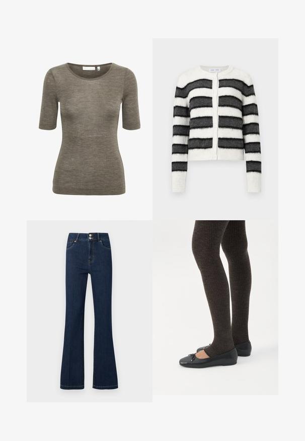 Gestreepte cardigan van zachte, textuurlijke stof. Kenmerkt zich door afwisselende zwarte en witte horizontale strepen, een ronde halslijn en een knoopsluiting aan de voorkant.; Bruine T-shirt met korte mouwen, gemaakt van zachte, gestructureerde stof en met een ronde halslijn. Heeft een discreet merkimpressie nabij de zoom.; Donkerblauwe spijkerbroek met hoge taille, dubbele knoopsluiting, voorzakken en licht uitlopende pijpen.; Benen met donkere geribbelde leggings gecombineerd met zwarte ballerina's met kleine strikdetails op een witte achtergrond.
