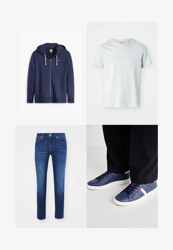 Sweat à capuche zippé bleu marine en mélange de coton, doté d'une capuche doublée, de cordons de serrage, de deux poches avant et d'un petit logo sur la poitrine.; T-shirt gris clair à manches courtes en tissu doux, avec un col rond et une coupe légèrement décontractée. Aucun motif ou graphique visible.; Jeans en denim bleu foncé avec une coupe droite, cinq poches et une fermeture à bouton, présentant des coutures contrastées et un léger délavage.; Baskets bleu marine en matériau synthétique lisse, avec des accents blancs et une semelle en caoutchouc texturé. Lacets et logo visibles.
