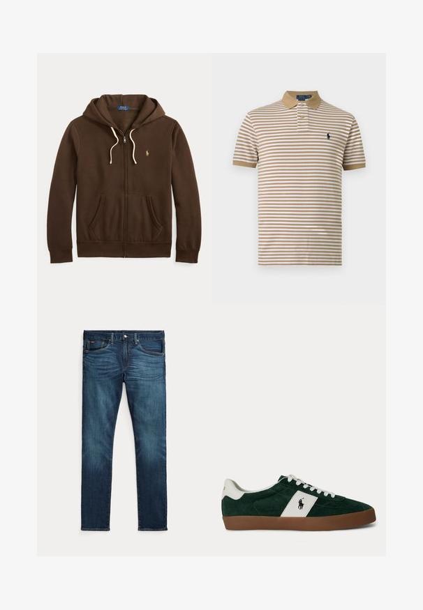 Bruine zip-up hoodie van katoen. Voorzien van een voorzak, capuchon met koordjes en geborduurd logo op de borst. Crèmekleurige koordjes.; Beige en witte horizontaal gestreepte polo met korte mouwen, beige kraag, twee knopen en een donker logo borduursel op de borst.; Donkerblauwe slim-fit jeans met vooraan een knoop en ritssluiting, vijf zakken en subtiel vervagen op de voorkant van de dijen en knieën.; Donkergroene suède sneaker met witte zijstreep, witte veters, bruine zool en Polo Ralph Lauren-logo op de zijkant en hiel.
