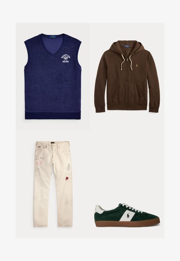 Sudadera con cremallera marrón hecha de algodón. Presenta un bolsillo frontal tipo pouch, capucha con cordones y un logo bordado en el pecho. Cordones de color crema.; Polo sin mangas de color azul marino en material de rizo; presenta un escote en forma de v, cuello acanalado y un logo blanco con raquetas de tenis.; Pantalones beige con bolsillos frontales y trabillas para cinturón que presentan estampados gráficos y diseños de texto en rojo y negro desgastados en ambas piernas.; Zapatilla deportiva de ante verde oscuro con franja lateral blanca, cordones blancos, suela marrón y logo de Polo Ralph Lauren en el lateral y el talón.