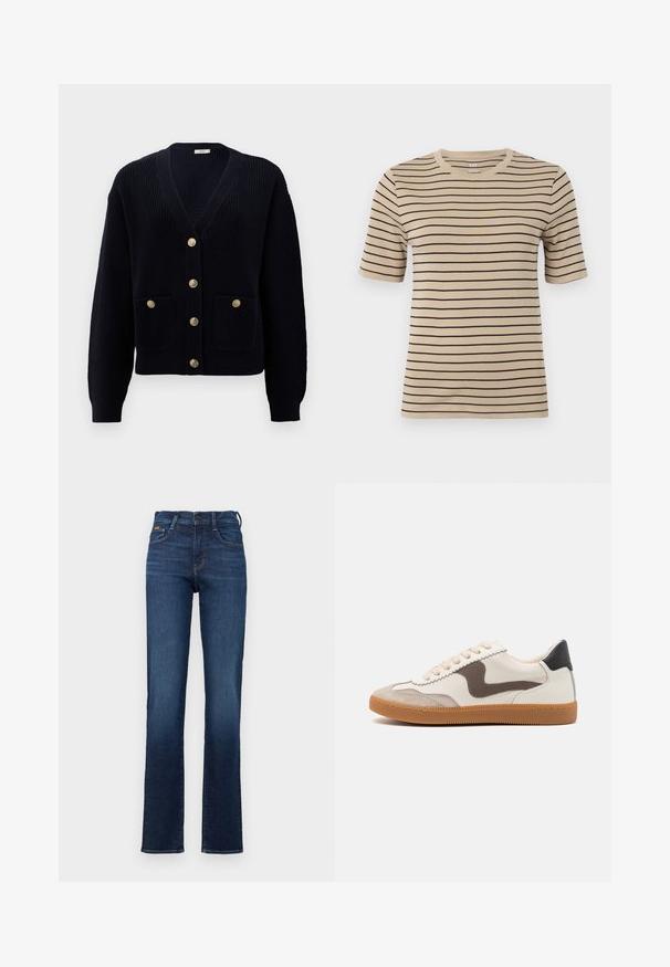 Marineblauwe geribde cardigan met een V-hals, voorzien van zes gouden knopen en twee voorzakken. Zachte textuur en aansluitende manchetten maken het ontwerp compleet.; Beige t-shirt met korte mouwen en zwarte horizontale strepen. Beschikt over een ronde hals en een zachte, gladde textuur.; Donkerblauwe denim jeans met een aansluitende taille, rechte pijpdesign, vijf zakken en subtiele stikseldetails. Klassieke knoopsluiting.; Sneakers met een crème leren bovenwerk, donkere bruin suède accenten, beige veters en een gumrubberen zool; klassiek laagprofiel ontwerp.