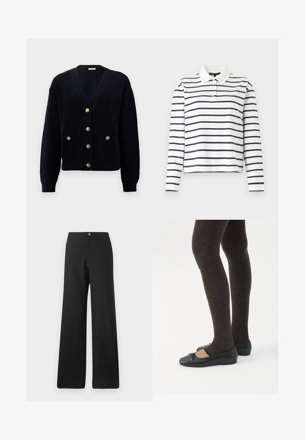 Marineblå ribbet cardigan med V-hals, udstyret med seks guldknapper og to frontlommer. Den bløde tekstur og de tætsiddende manchetter fuldender designet.; Langærmet polo-shirt i hvid med navy horisontale striber, med krave og tre-knaps placket. Fremstillet af bomuldsmateriale.; Sorte bukser med vid ben lavet af et blødt stof, med knaplukning foran, rene linjer og et minimalistisk design uden mønstre.; Ben iført mørke ribbede leggings kombineret med sorte balletsko med små sløjfedetaljer på hvid baggrund.