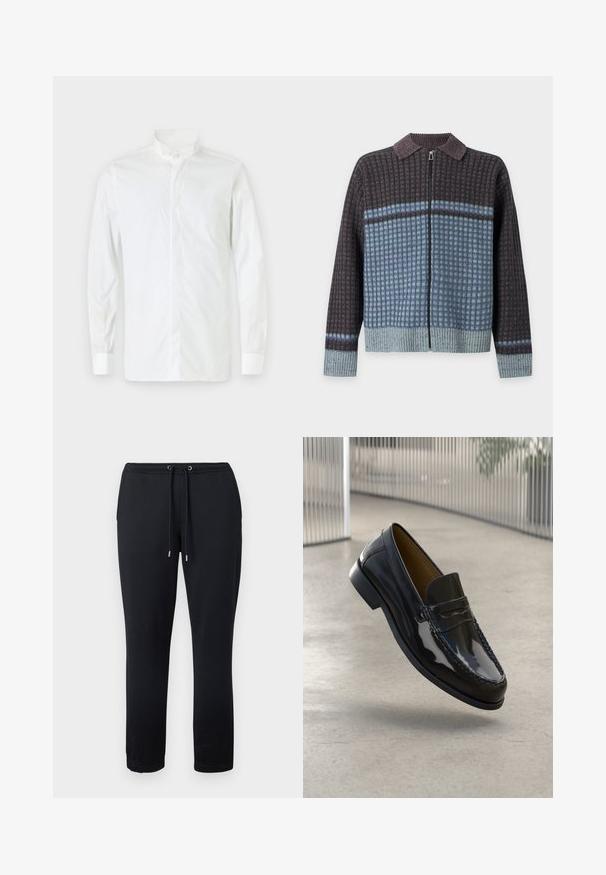 Pull en maille à boutons avec fermeture éclair devant, poignets et col côtelés, motif à carreaux gris foncé et bleu, ourlet gris clair.; Chemise blanche à manches longues avec col montant, fermeture à boutons et coupe ajustée. Texture lisse, poignets à un bouton et style minimaliste.; Pantalon de survêtement noir en coton doux, doté d'une ceinture élastique avec cordons de serrage et de poignets fuselés pour un ajustement serré.; Mocassin en cuir verni noir avec un accent cousu, bout rond, petit talon et surface lisse, présenté sur un fond neutre.