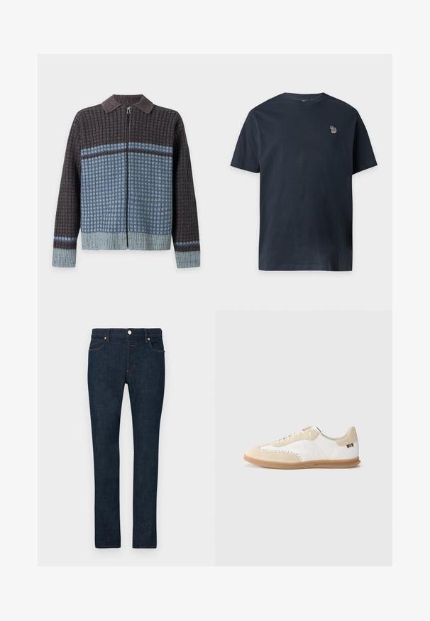 Pull en maille à boutons avec fermeture éclair devant, poignets et col côtelés, motif à carreaux gris foncé et bleu, ourlet gris clair.; T-shirt bleu marine à manches courtes et col rond avec un petit emblème zèbre multicolore sur la poitrine gauche.; Jean denim bleu foncé avec une coupe slim, doté d'un design classique à cinq poches, de rivets en cuivre et d'une fermeture à bouton à la taille.; Baskets blanches avec accents en daim beige clair, détails perforés, lacets plats et semelle en caoutchouc naturel. Présentent un logo rayé sur le talon.
