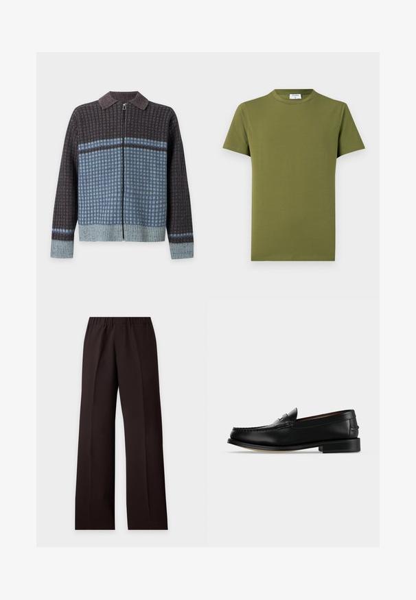 Pull en maille à boutons avec fermeture éclair devant, poignets et col côtelés, motif à carreaux gris foncé et bleu, ourlet gris clair.; T-shirt manches courtes de couleur vert olive, fabriqué en tissu doux et lisse. Col rond classique, lignes épurées, sans motifs ni accents visibles.; Pantalon noir à jambes larges avec taille élastique et plis droits à l'avant, présenté sur un fond clair uni.; Mocassin homme en cuir noir avec un petit talon et une couture de style mocassin sur l'avant, vu de côté sur un fond uni.