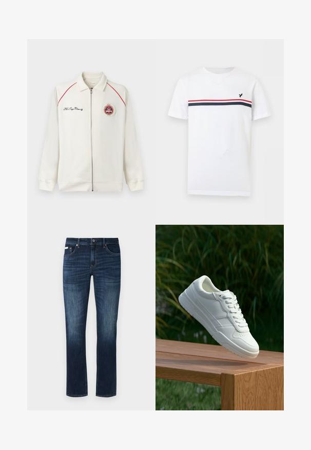 Witte jas met rits en rode biezen op de schouders, zwarte geborduurde letters op de linkerborst, en een ronde wapenpatch op de rechterborst.; Wit T-shirt met korte mouwen en ronde hals, voorzien van rode en marineblauwe horizontale strepen en een klein zwart vogel-logo op de linkerborst.; Donkerblauwe denim jeans met een rechte pasvorm, voorzien van een klassiek vijf-pocketontwerp, koperen details en subtiele vervagingselementen.; Witte leren sneaker met een gladde textuur, voorzien van een geperforeerd ontwerp, klassieke vetersluiting en rubberen zool, gepositioneerd boven een houten oppervlak.
