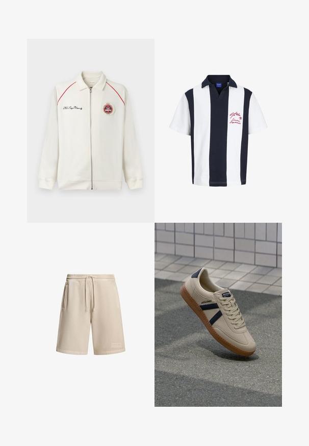 Chaqueta blanca con cremallera, ribetes rojos en los hombros, texto bordado en negro en el pecho izquierdo y un parche redondo con escudo en el pecho derecho.; Polo de manga corta con anchas franjas verticales en azul marino y blanco, cuello azul marino y bordado de texto rojo en el pecho izquierdo.; Pantalones cortos beige de tejido de algodón con una cinturilla elástica y cordón, que cuentan con dos bolsillos laterales y un pequeño parche con logo en el dobladillo.; Zapatilla beige con acabado texturizado, rayas azul marino y suela de goma. Presenta una lengüeta acolchada y un sistema de cordones tradicional para un ajuste seguro.