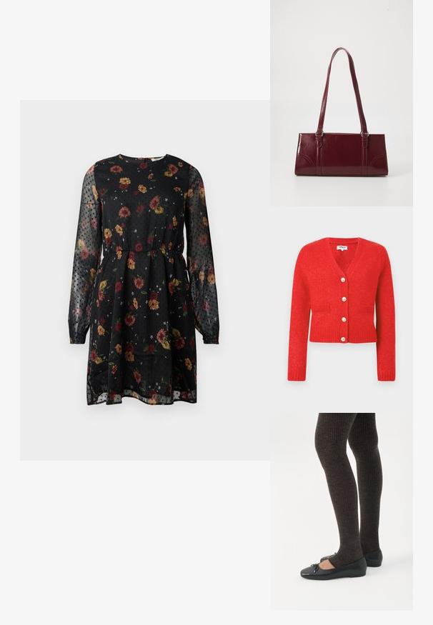 Rød strikket cardigan med V-hals, ribbet kant og lange ærmer. Har fem store perle-lignende knapper og to forlommer.; Sort blomsterkjole lavet af gennemsigtigt stof. Har lange puffærmer, en rund halslinie, en elastisk talje og et prikket mønster med forskellige blomster.; Ben iført mørke ribbede leggings kombineret med sorte balletsko med små sløjfedetaljer på hvid baggrund.; Bordeaux håndtaske lavet af glansfuldt materiale, rektangulær form, med to skulderremme og subtile buede detaljer på forsiden.