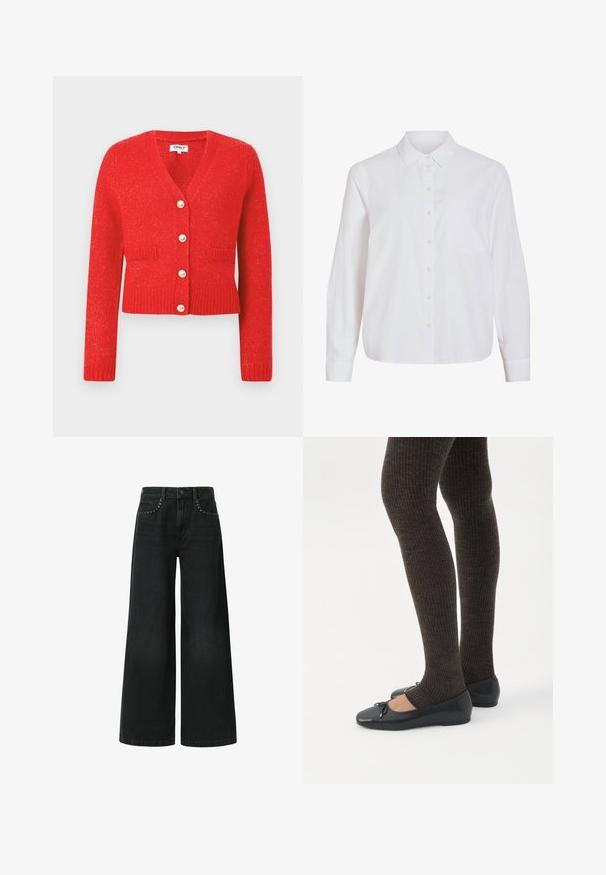 Cárdigan rojo de punto con escote en V, ribete de canalé y mangas largas. Cuenta con cinco grandes botones parecidos a perlas y dos bolsillos frontales.; Camisa blanca de manga larga, con cierre de botones en la parte delantera, cuello clásico, un bolsillo en el pecho, confeccionada con una tela lisa y ligera, con un ajuste relajado.; Vaqueros negros de pierna ancha, confeccionados en mezclilla, con un diseño clásico de cinco bolsillos y remaches decorativos cerca de los bolsillos delanteros.; Piernas con leggings oscuros acanalados combinados con bailarinas negras que presentan pequeños detalles de lazo sobre un fondo blanco.
