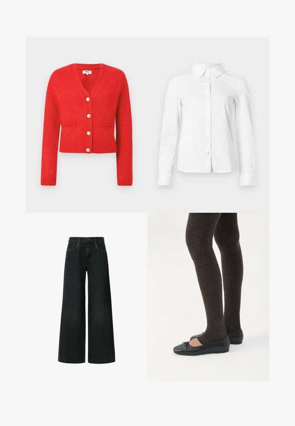 Rode gebreide cardigan met een V-hals, geribbelde zoom en lange mouwen. Voorzien van vijf grote parelachtige knopen en twee voorzakken.; Witte blouse met lange mouwen en knopen, met puntige kraag, rechte zoom en aansluitende silhouet, weergegeven op een effen lichte achtergrond.; Zwarte jeans met wijd uitlopende pijpen, gemaakt van denim, met een klassieke vijf-pocket design en decoratieve studded details nabij de voorkruiszakken.; Benen met donkere geribbelde leggings gecombineerd met zwarte ballerina's met kleine strikdetails op een witte achtergrond.