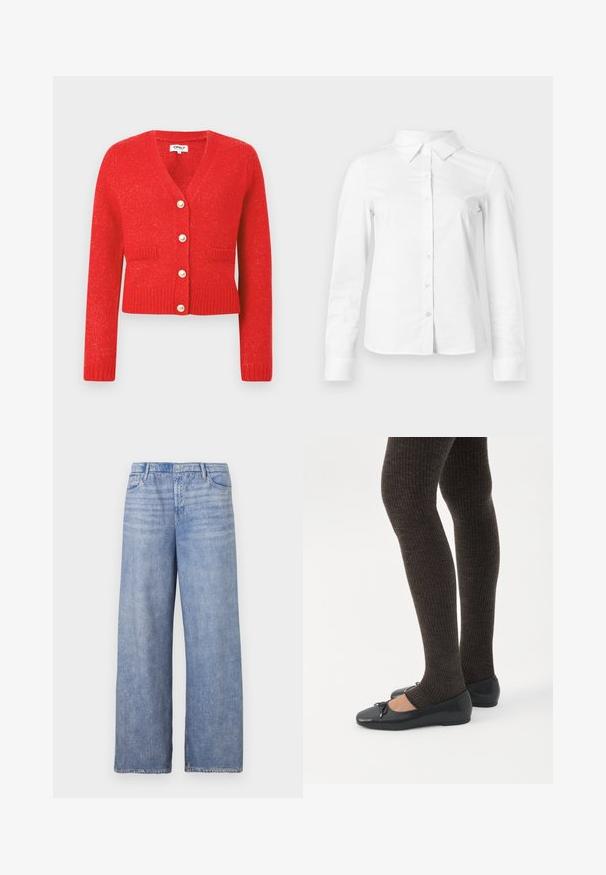 Cardigan en tricot rouge avec un décolleté en V, un ourlet côtelé et des manches longues. Il présente cinq grands boutons ressemblant à des perles et deux poches avant.; Chemise blanche à manches longues avec boutons, col pointu, ourlet droit et silhouette ajustée, présentée sur un fond clair uni.; Jeans large en denim bleu clair, dotés d'un design classique à cinq poches, d'une fermeture à bouton et d'un délavage visible sur le tissu.; Jambes portant des leggings côtelés foncés associés à des ballerines noires avec de petits détails en nœud sur fond blanc.