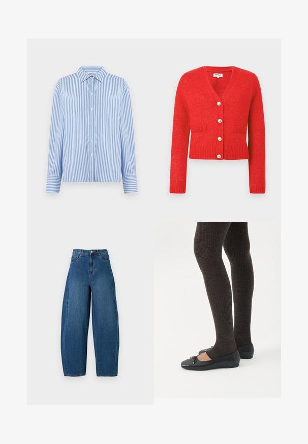 Rød strikket cardigan med V-hals, ribbet kant og lange ærmer. Har fem store perle-lignende knapper og to forlommer.; Button-up skjorte i lyseblå og hvide lodrette striber. Har krave og lange ærmer med knapmanchetter. Glat tekstur.; Denimjeans i en mellemblå vask, med højt liv, bred benpasform og standard fem-lomme design med synlige stikninger.; Ben iført mørke ribbede leggings kombineret med sorte balletsko med små sløjfedetaljer på hvid baggrund.