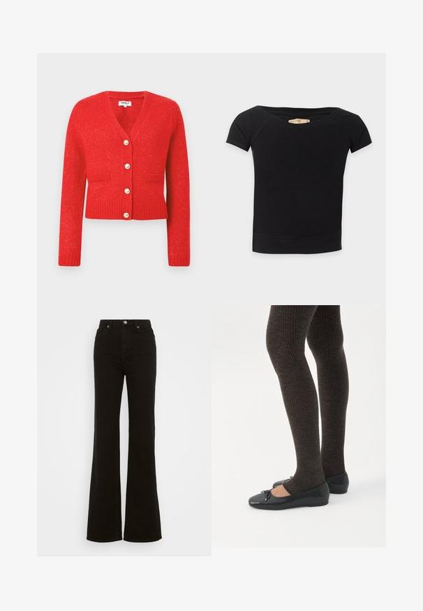 Rød strikket cardigan med V-hals, ribbet kant og lange ærmer. Har fem store perle-lignende knapper og to forlommer.; Sort, tætsiddende T-shirt med korte ærmer, bred, off-shoulder-udskæring og et Hollister-mærkat indeni kraven.; Høj talje sorte flare jeans lavet af denim, med knaplukning, sidelommer og en glat tekstur.; Ben iført mørke ribbede leggings kombineret med sorte balletsko med små sløjfedetaljer på hvid baggrund.
