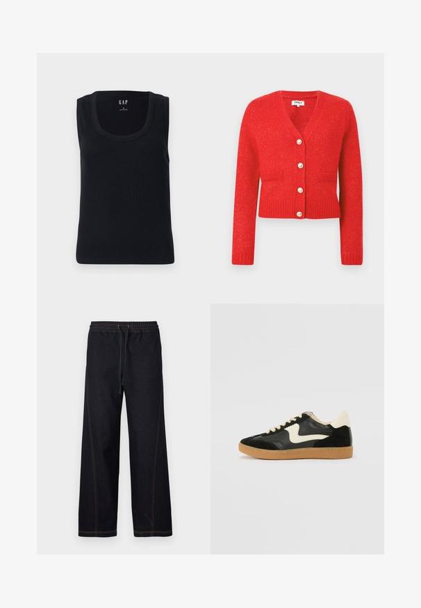 Cardigan en tricot rouge avec un décolleté en V, un ourlet côtelé et des manches longues. Il présente cinq grands boutons ressemblant à des perles et deux poches avant.; Débardeur noir à côtes avec un col rond, design sans manches et silhouette ajustée. Étiquette affichée en haut au centre.; Pantalon en denim foncé à jambes larges, doté d'une taille élastique avec cordon de serrage, de coutures orange contrastantes et de lignes droites et épurées.; Baskets en daim et cuir noir avec un swoosh latéral crème et un talon crème clair. Dotées de lacets beige et d'une semelle en caoutchouc gomme.