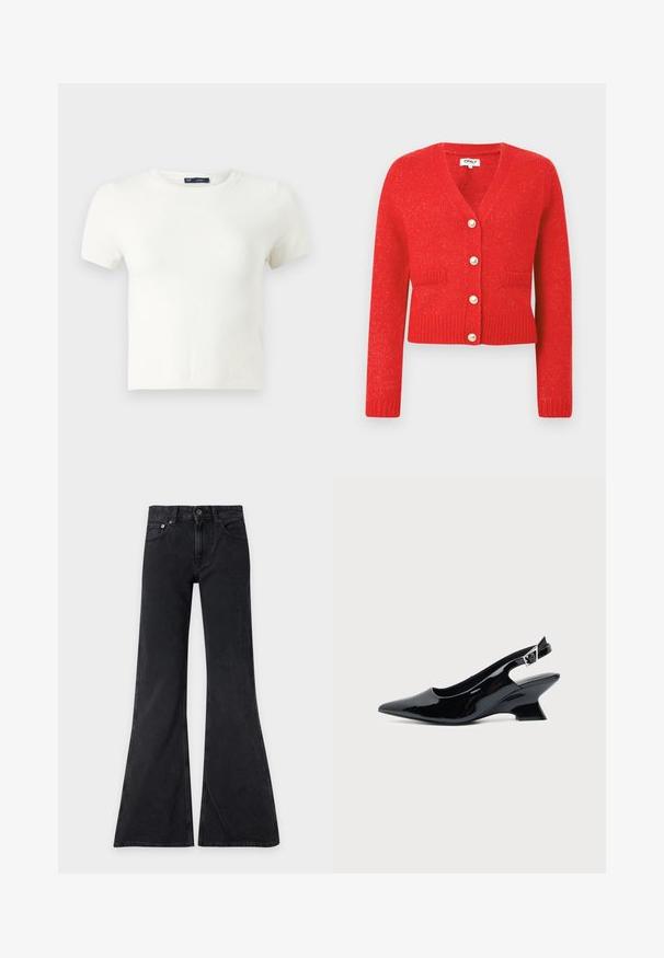 Rode gebreide cardigan met een V-hals, geribbelde zoom en lange mouwen. Voorzien van vijf grote parelachtige knopen en twee voorzakken.; Witte korte mouwen t-shirt gemaakt van een zachte stof. Heeft een klassiek ronde hals ontwerp en een slanke pasvorm zonder zichtbare patronen of accenten.; Zwarte high-waist jeans met wijde uitlopende pijpen, knoop aan de voorkant, ritssluiting en vijfzakkenontwerp op een effen lichte achtergrond.; Zwarte lakleren slingback schoen met spitse neus en lage schuine blokhak op een effen lichte achtergrond.