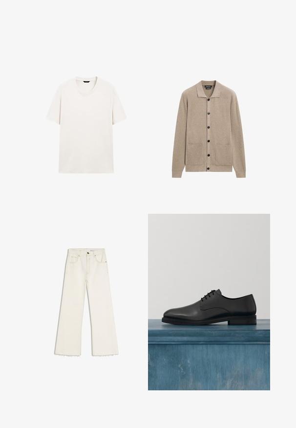 Beige ribstrikket cardigan med lange ærmer, sorte knapper, to forlommer og en lille krave.; Lys hvid kortærmet t-shirt med rund hals, vist fladt med synlig halslabel mod en hvid baggrund.; Off-white bredbenede jeans med frontknap og lynlås, fem lommer, kontrastsyning og frynset kant.; Sorte læderdress sko med en glat overflade, snørebåndsdesign, rund tå og en kontrastfarvet stikning omkring sålen.