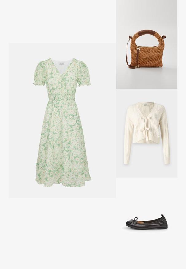Strik en kort cardigan i off-white, med V-hals, kabelmønstre og frontlukning med knude. Blød tekstur med lange ærmer.; Lysegrøn blomsterkjole med korte puffærmer, V-udskæring, elastisk talje og en flæsekant, der når midt på læggen.; Sorte læderballetsko med rund tå, slank sløjfedetalje foran og elastisk kant for en sikker pasform. Flad sål for komfort.; Brun vævet håndtaske med et rundt håndtag. Den har en lynlåslukning og justerbar rem, suppleret med et læderdetalje på håndtaget.