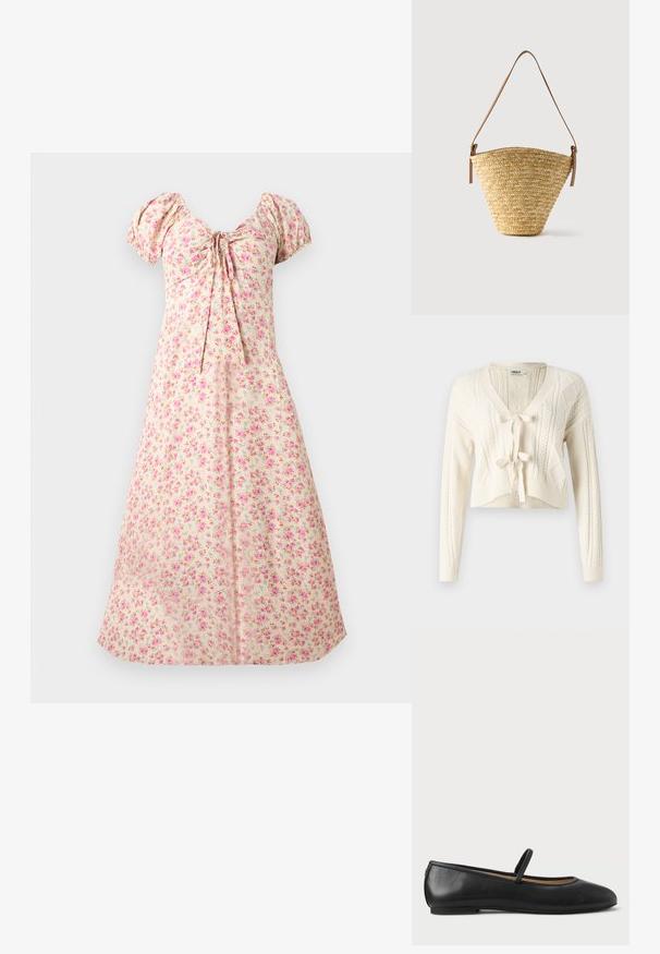 Cardigan court en tricot couleur écru, avec un col en V, des motifs en câble et une fermeture à nouer à l'avant. Texture douce avec des manches longues.; Robe midi crème avec manches bouffantes, imprimé floral rose, buste froncé et détail noué au centre avant.; Ballerines en cuir noir avec un bout arrondi, une fine bride sur le cou-de-pied et une semelle en caoutchouc plate. Texture lisse et détails minimalistes.; Sac seau en paille tissée avec une base large, un sommet étroit et une bandoulière en cuir marron ajustable.