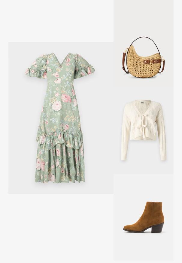 Gehaakte cropped cardigan in gebroken wit, met een V-hals, kabelpatronen en een sluiting met een strik aan de voorkant. Zachte textuur met lange mouwen.; Floral maxi-jurk in zacht groen met een V-hals, pofmouwen, ruches en een gelaagde zoom. Bevat roze rozen en kleine blauwe bloemen.; Bruine suède enkellaars met een spitse neus en een gestapelde hak. Gladde textuur met een zijrits voor de sluiting. Klassiek ontwerp en vorm.; Geweven stro hobo tas met een gebogen vorm, een bruine leren schouderriem met een gesp en een natuurlijke tan kleur. Gelaagde oppervlakte met zichtbare stiksels.